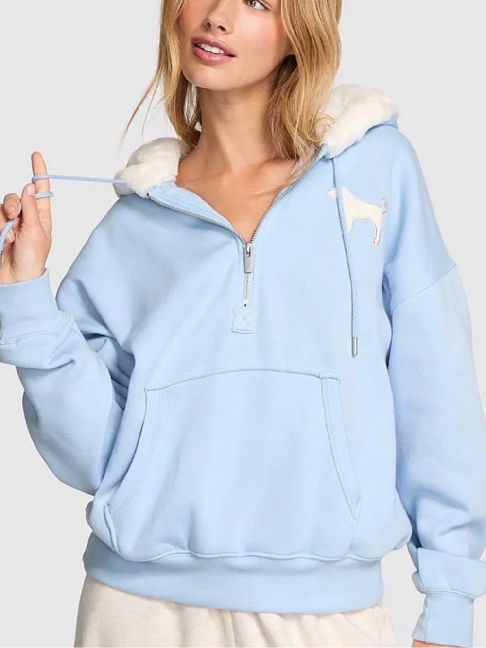 VS PINK faux fur lined hood pull over quarter zip hoodie in icy blue Size M